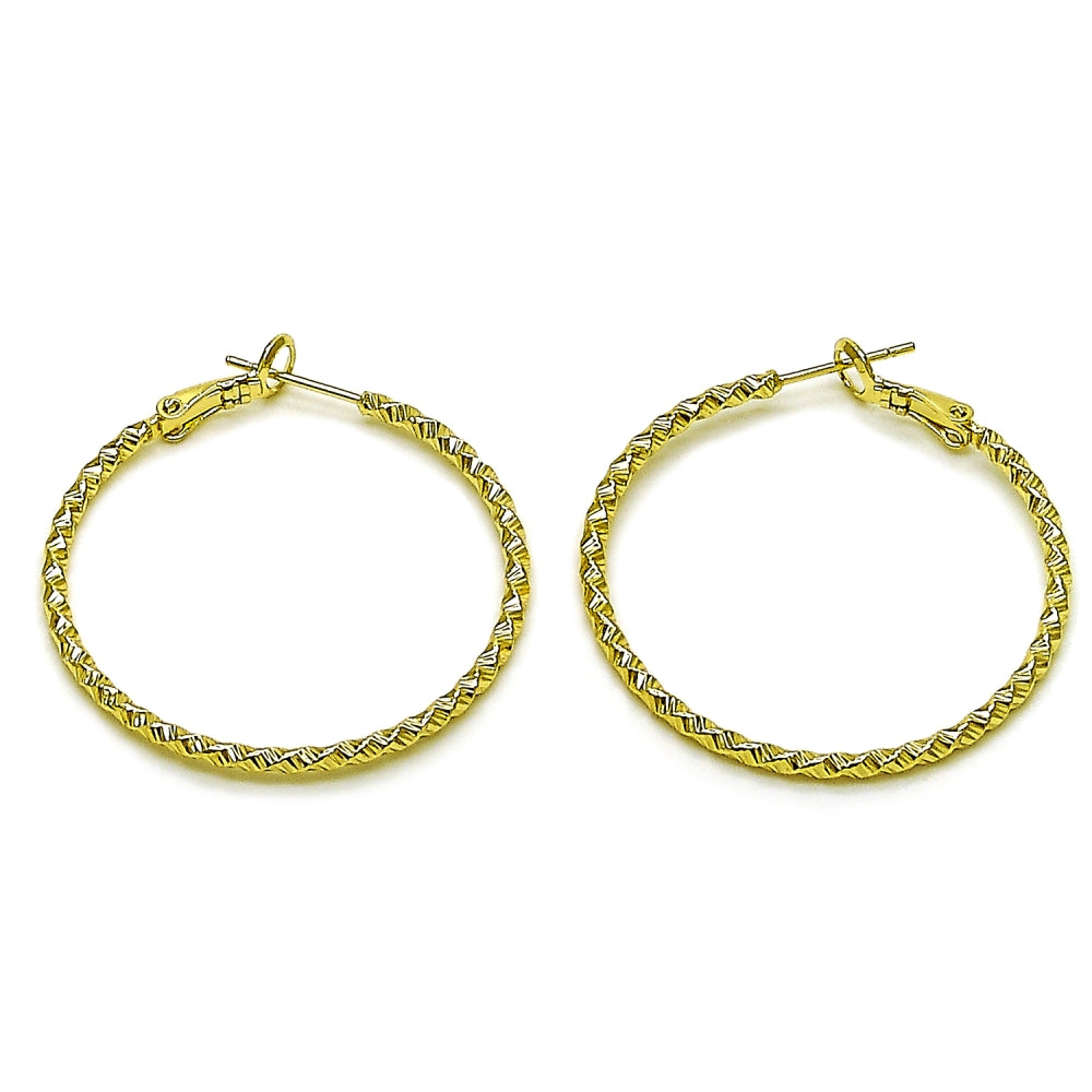 Oro Laminado Medium Hoop, Gold Filled Style Twist Design, Diamond Cutting Finish, Golden Finish
