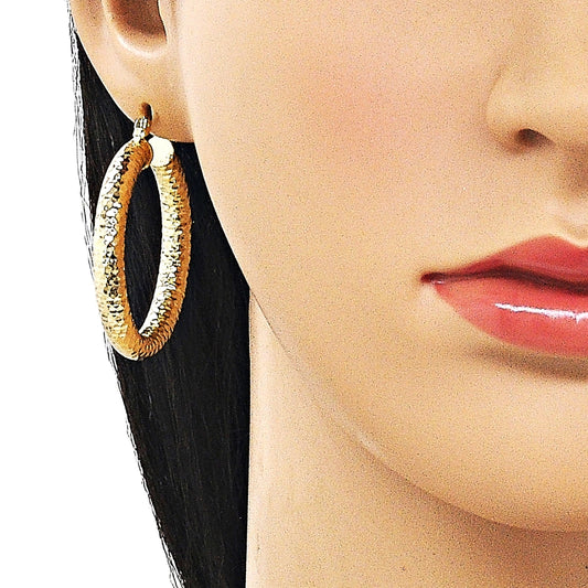Oro Laminado Medium Hoop, Gold Filled Style Hollow Design, Diamond Cutting Finish, Golden Finish