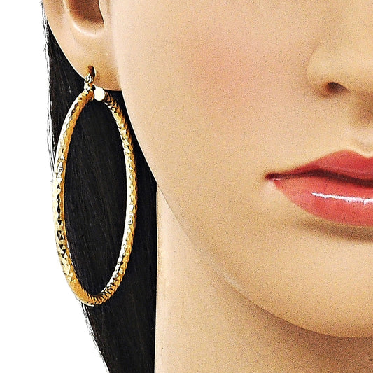 Oro Laminado Large Hoop, Gold Filled Style Hollow Design, Diamond Cutting Finish, Golden Finish