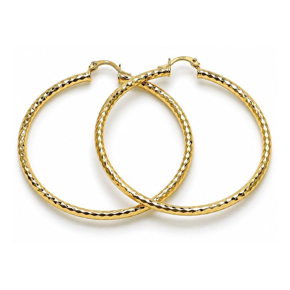 Oro Laminado Large Hoop, Gold Filled Style Hollow Design, Diamond Cutting Finish, Golden Finish