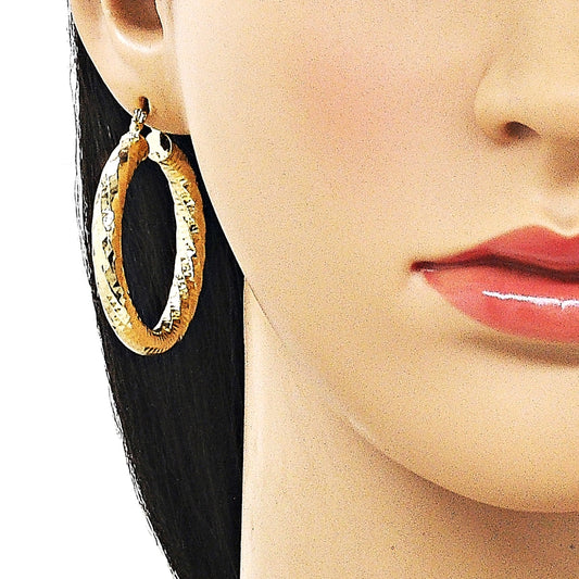 Oro Laminado Medium Hoop, Gold Filled Style Hollow Design, Diamond Cutting Finish, Golden Finish
