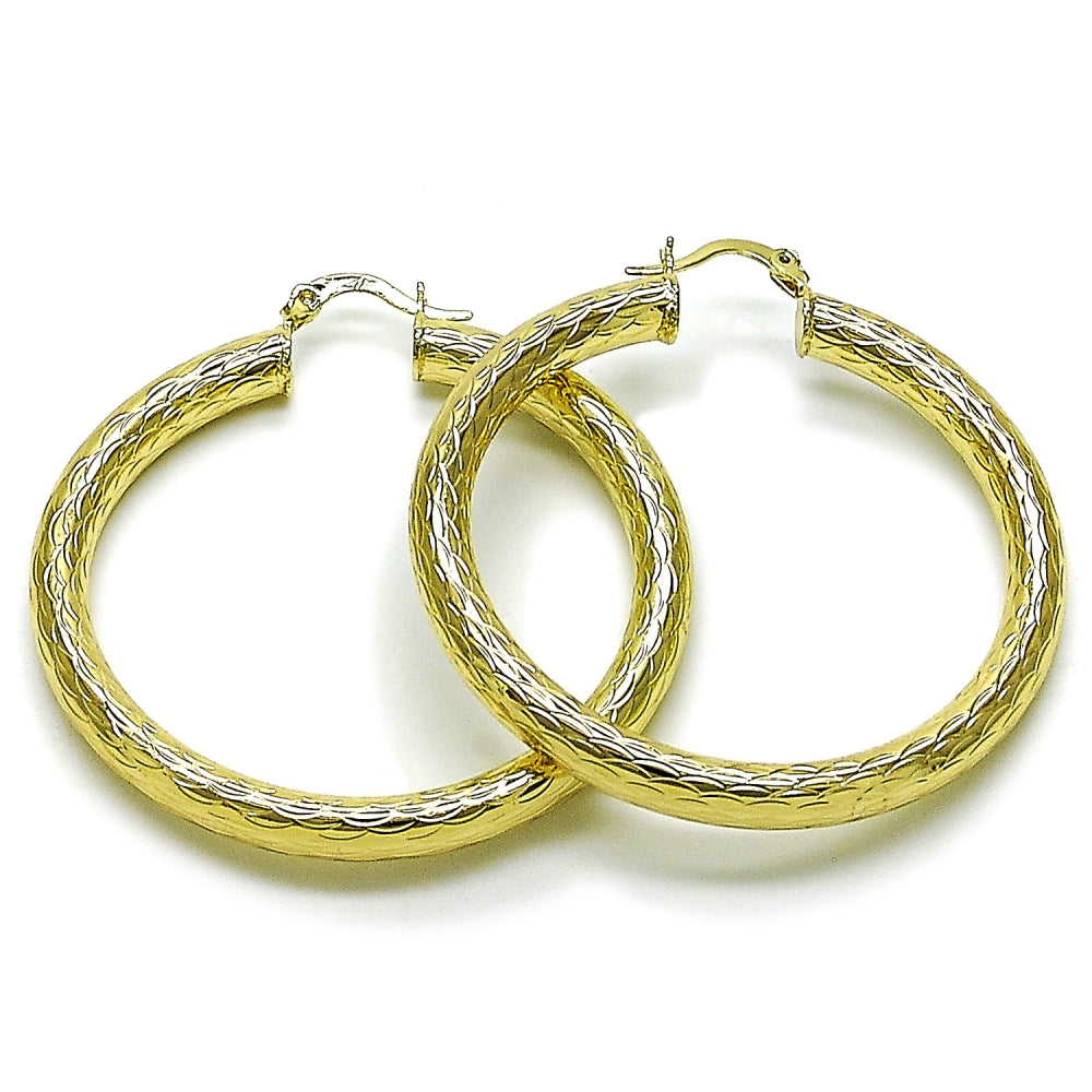 Oro Laminado Medium Hoop, Gold Filled Style Hollow Design, Diamond Cutting Finish, Golden Finish