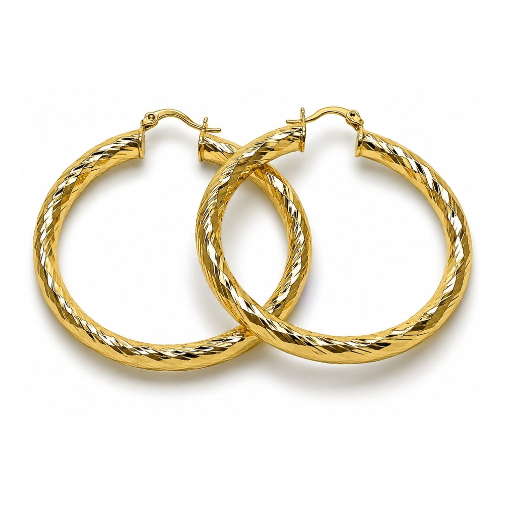 Oro Laminado Large Hoop, Gold Filled Style Hollow Design, Diamond Cutting Finish, Golden Finish
