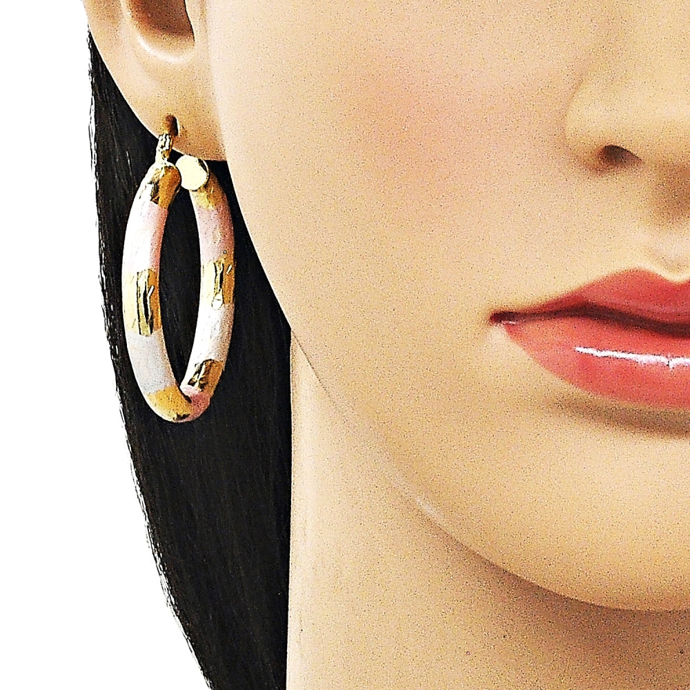 Oro Laminado Medium Hoop, Gold Filled Style Hollow Design, Diamond Cutting Finish, Tricolor