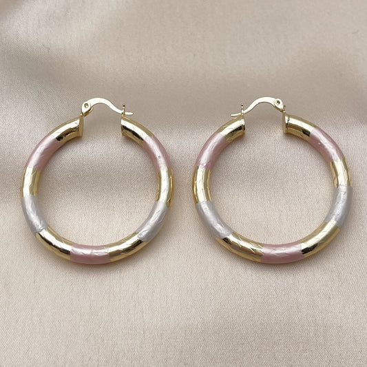 Oro Laminado Medium Hoop, Gold Filled Style Hollow Design, Diamond Cutting Finish, Tricolor