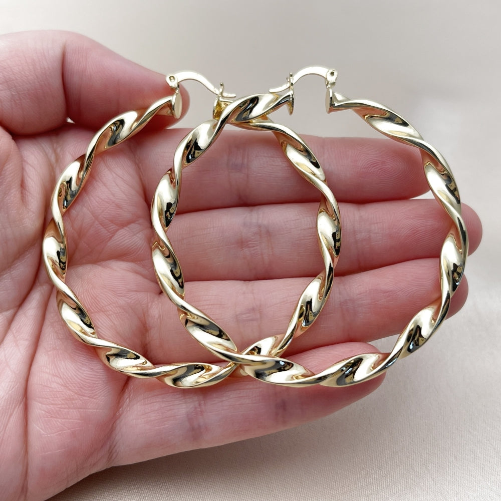 Oro Laminado Large Hoop, Gold Filled Style Twist and Hollow Design, Polished, Golden Finish