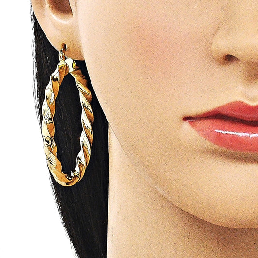 Oro Laminado Large Hoop, Gold Filled Style Twist and Hollow Design, Diamond Cutting Finish, Golden Finish