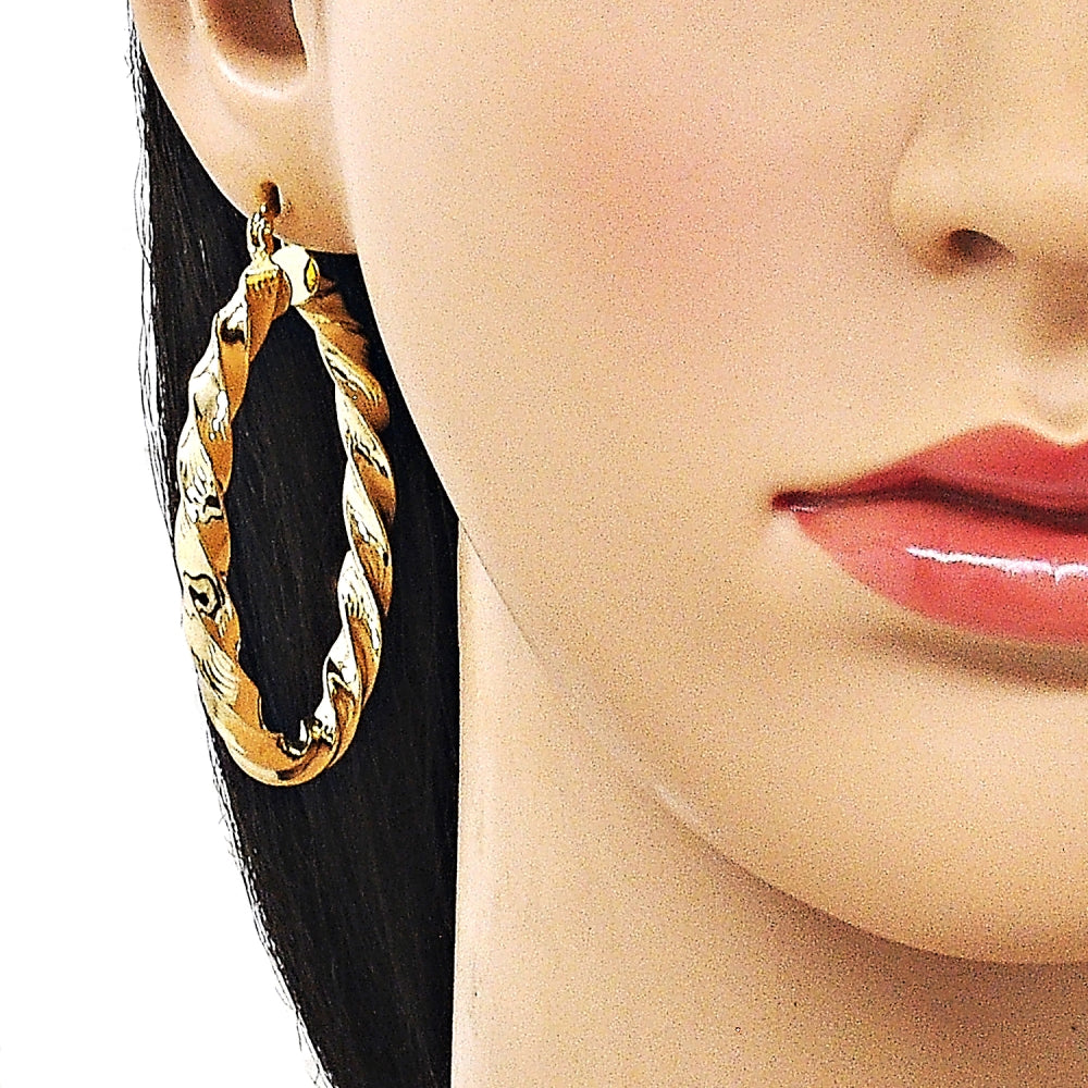 Oro Laminado Large Hoop, Gold Filled Style Twist and Hollow Design, Diamond Cutting Finish, Golden Finish