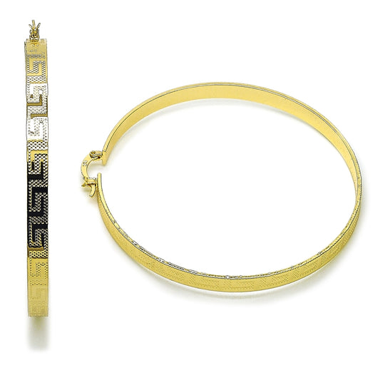 Oro Laminado Extra Large Hoop, Gold Filled Style Greek Key Design, Diamond Cutting Finish, Golden Finish