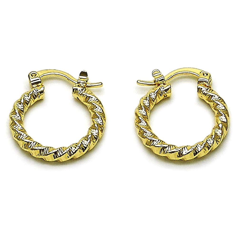 Oro Laminado Small Hoop, Gold Filled Style Twist Design, Diamond Cutting Finish, Golden Finish