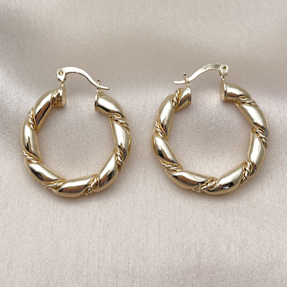 Oro Laminado Medium Hoop, Gold Filled Style Twist and Hollow Design, Polished, Golden Finish