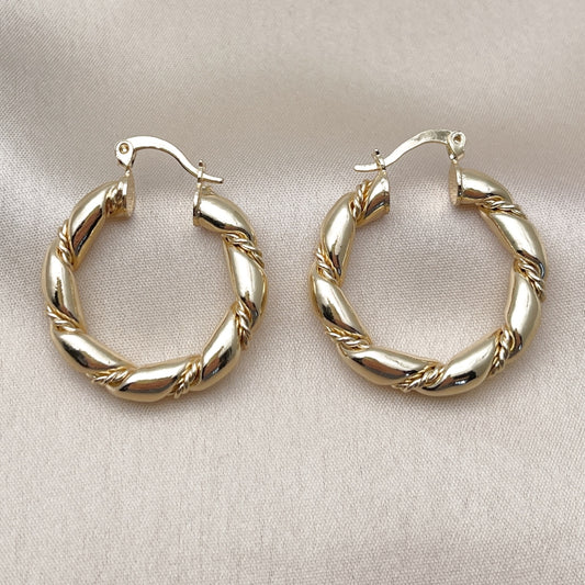 Oro Laminado Medium Hoop, Gold Filled Style Twist and Hollow Design, Polished, Golden Finish