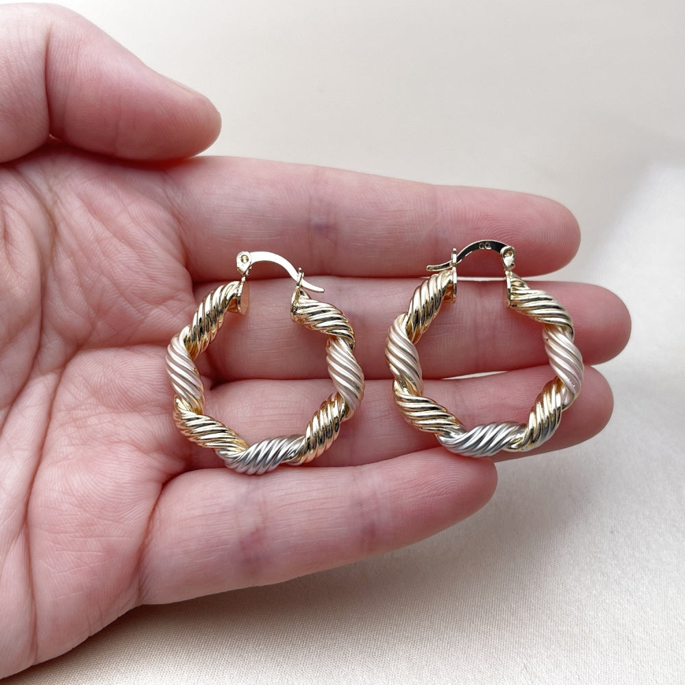 Oro Laminado Medium Hoop, Gold Filled Style Twist and Hollow Design, Polished, Tricolor