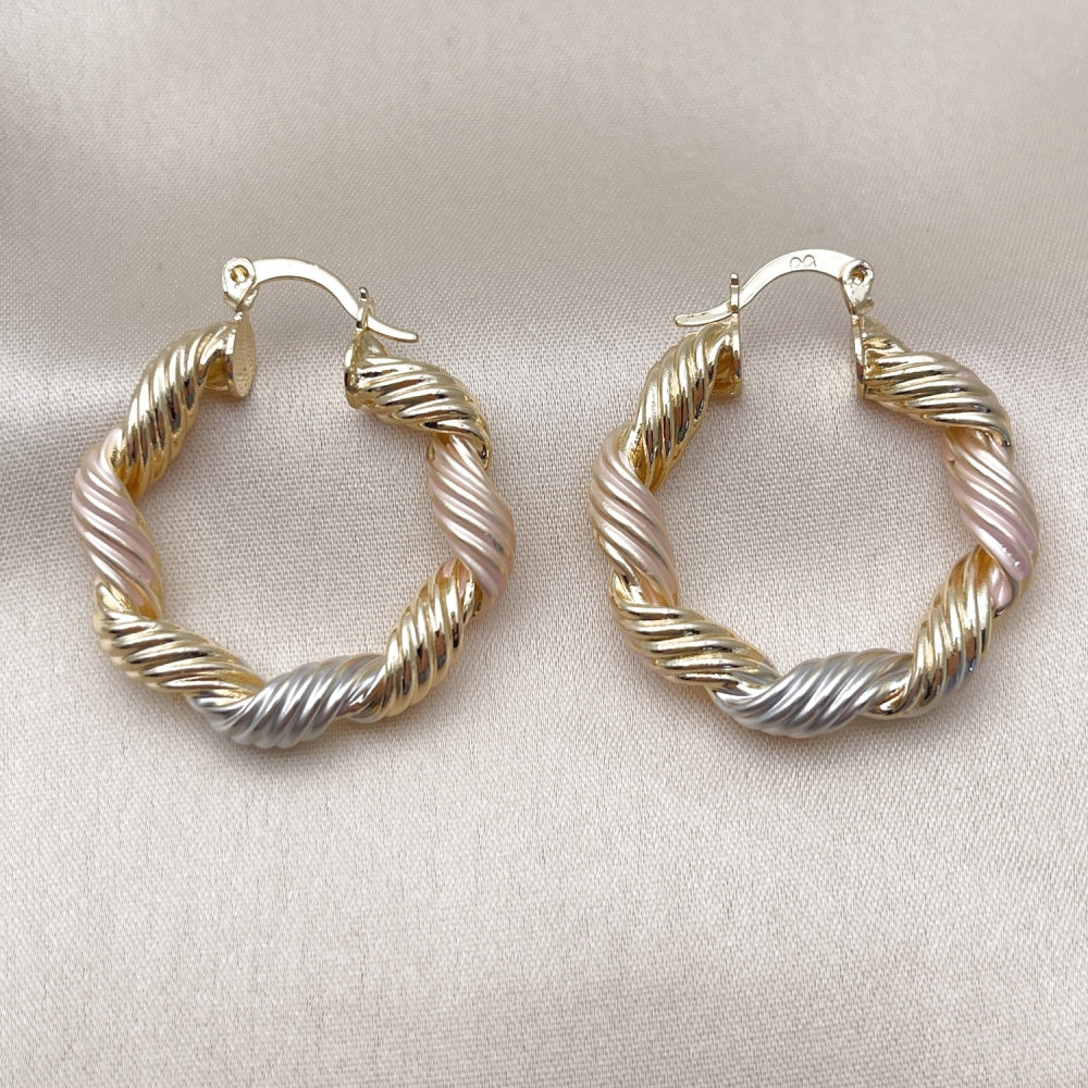 Oro Laminado Medium Hoop, Gold Filled Style Twist and Hollow Design, Polished, Tricolor
