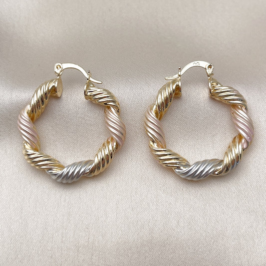 Oro Laminado Medium Hoop, Gold Filled Style Twist and Hollow Design, Polished, Tricolor
