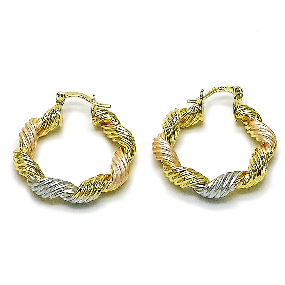 Oro Laminado Medium Hoop, Gold Filled Style Twist and Hollow Design, Polished, Tricolor