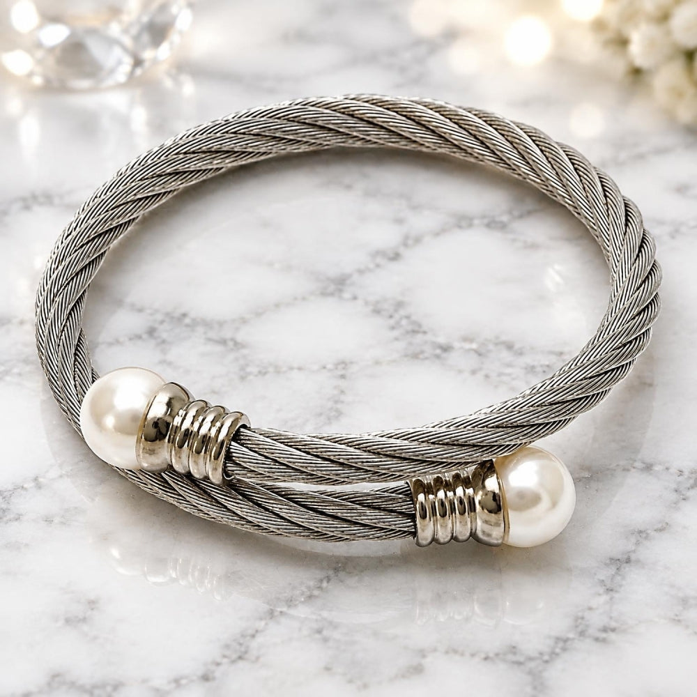 Stainless Steel Individual Bangle, Twist and Ball Design, with Ivory Pearl, Polished, Steel Finish