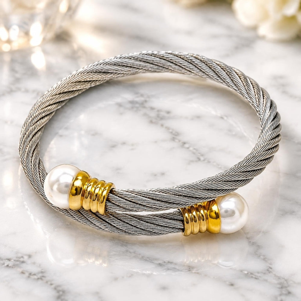 Stainless Steel Individual Bangle, Twist and Ball Design, with Ivory Pearl, Polished, Two Tone
