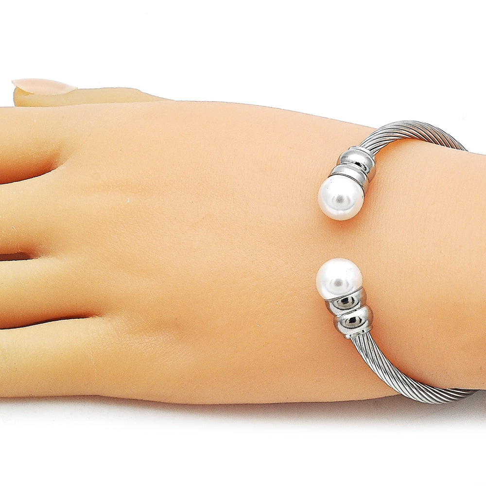 Stainless Steel Individual Bangle, Twist and Ball Design, with Ivory Pearl, Polished, Steel Finish