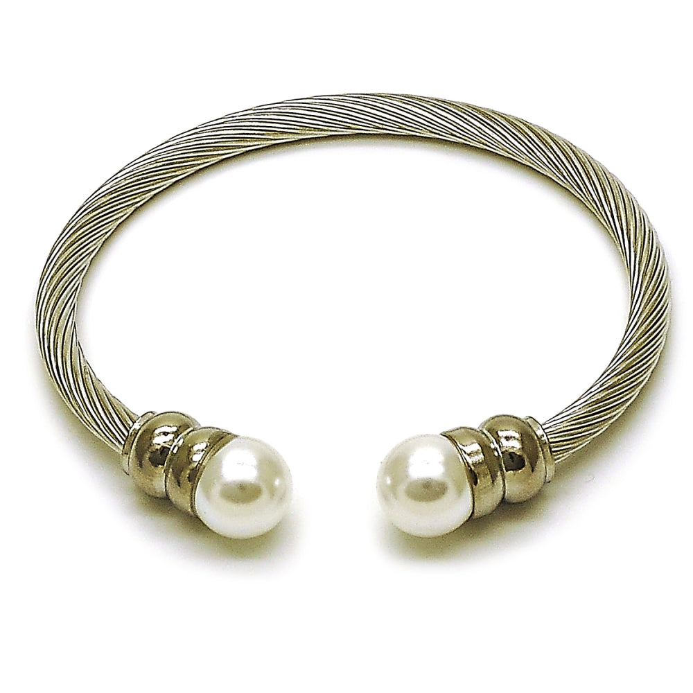 Stainless Steel Individual Bangle, Twist and Ball Design, with Ivory Pearl, Polished, Steel Finish