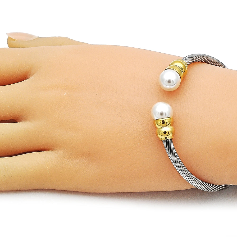 Stainless Steel Individual Bangle, Twist and Ball Design, with Ivory Pearl, Polished, Two Tone