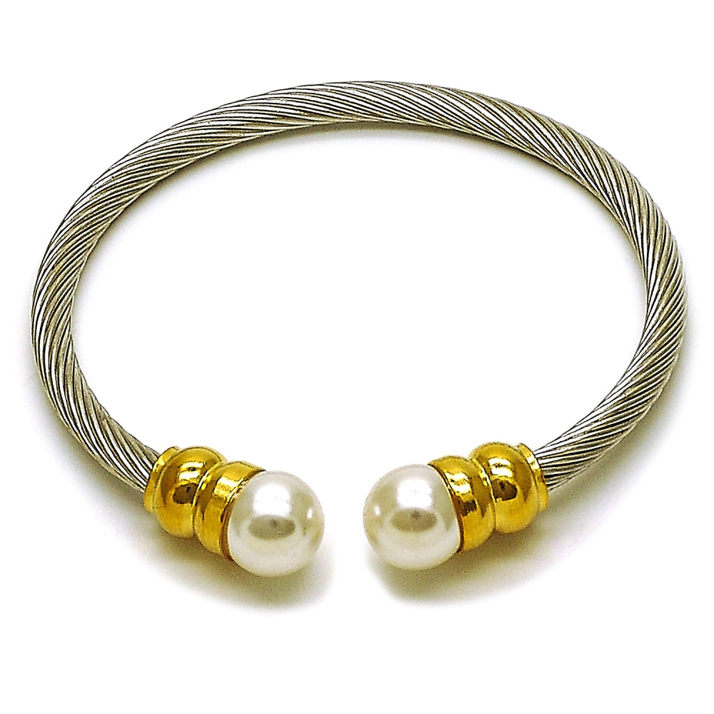 Stainless Steel Individual Bangle, Twist and Ball Design, with Ivory Pearl, Polished, Two Tone