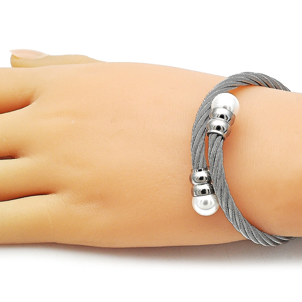 Stainless Steel Individual Bangle, Twist and Ball Design, with Ivory Pearl, Polished, Steel Finish