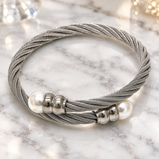 Stainless Steel Individual Bangle, Twist and Ball Design, with Ivory Pearl, Polished, Steel Finish