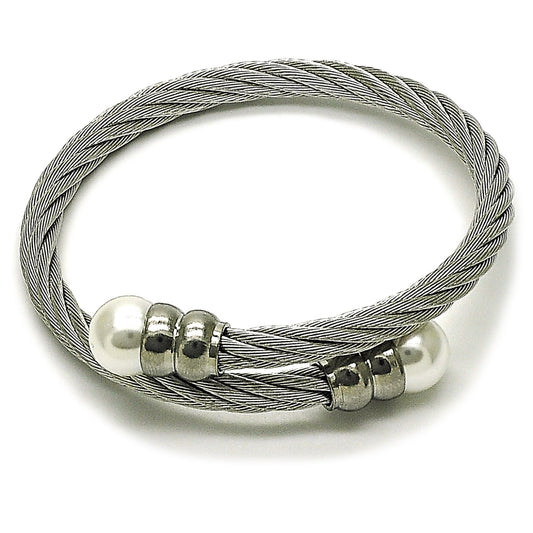Stainless Steel Individual Bangle, Twist and Ball Design, with Ivory Pearl, Polished, Steel Finish