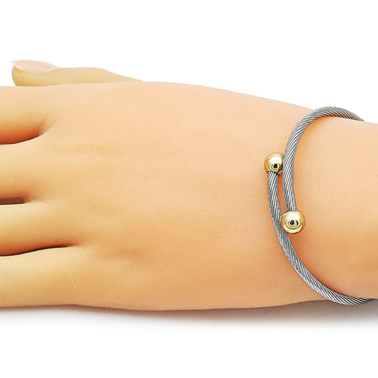 Stainless Steel Individual Bangle, Twist and Ball Design, Polished, Two Tone