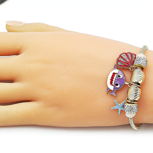 Oro Laminado Charm Bracelet, Gold Filled Style Shell and Star Design, with White Crystal, Red Enamel Finish, Golden Finish