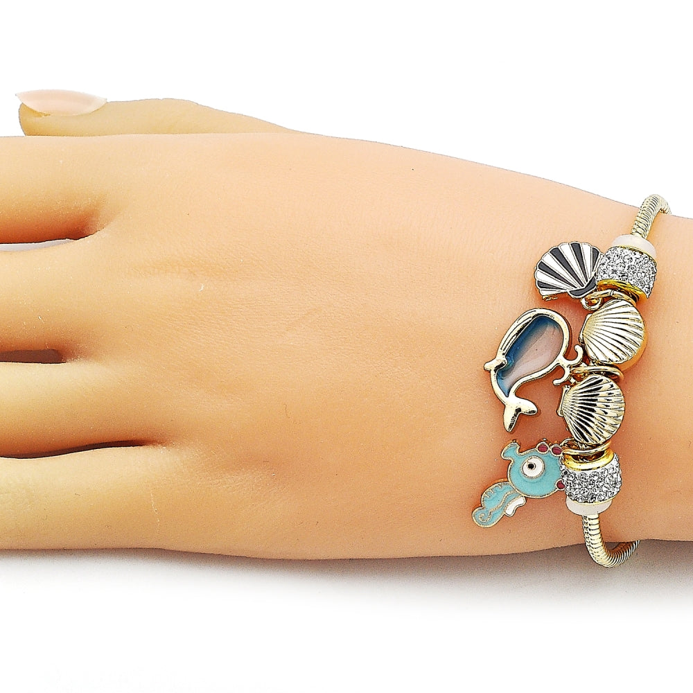 Oro Laminado Charm Bracelet, Gold Filled Style Shell and Dolphin Design, with White Crystal, Turquoise Enamel Finish, Golden Finish