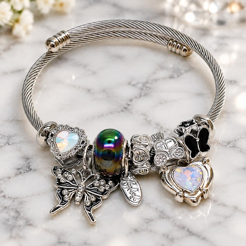 Stainless Steel Individual Bangle, Butterfly and Heart Design, with Aurore Boreale and White Crystal, Black Enamel Finish, Steel Finish