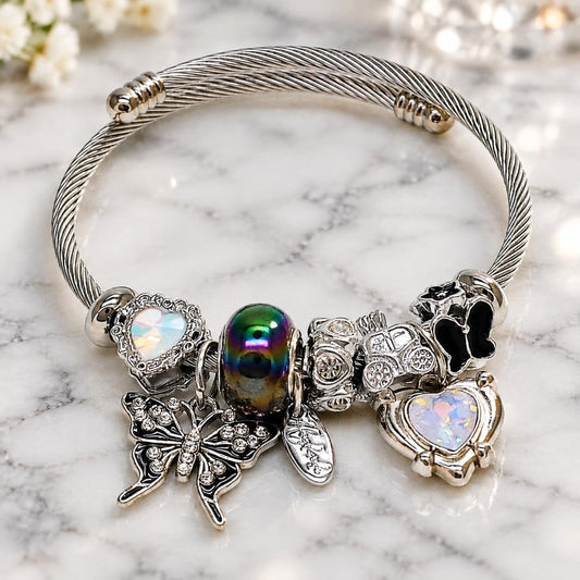 Stainless Steel Individual Bangle, Butterfly and Heart Design, with Aurore Boreale and White Crystal, Black Enamel Finish, Steel Finish