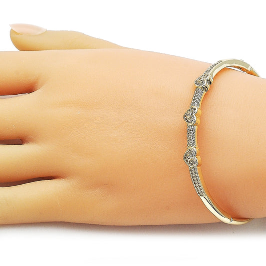 Oro Laminado Individual Bangle, Gold Filled Style Heart Design, with White Micro Pave and White Cubic Zirconia, Polished, Golden Finish