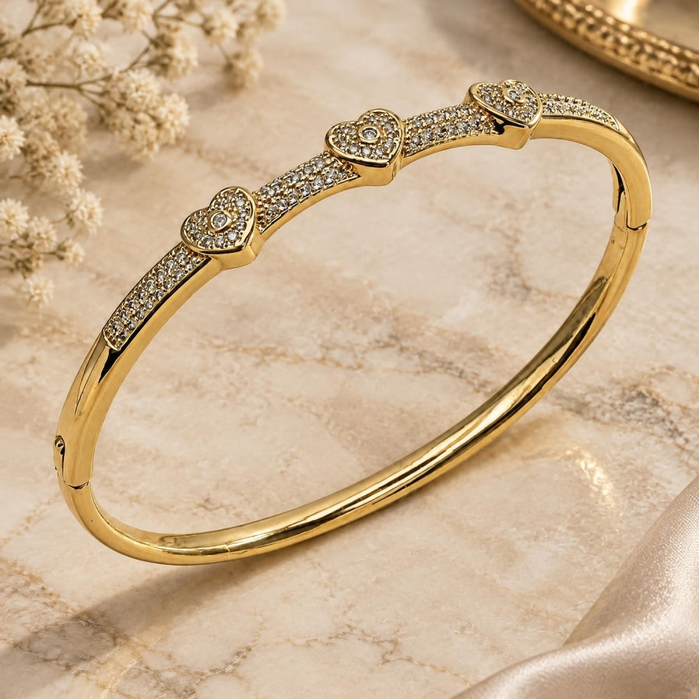 Oro Laminado Individual Bangle, Gold Filled Style Heart Design, with White Micro Pave and White Cubic Zirconia, Polished, Golden Finish