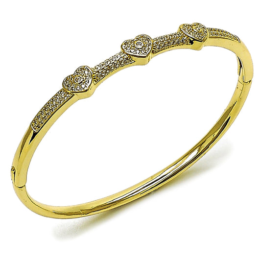Oro Laminado Individual Bangle, Gold Filled Style Heart Design, with White Micro Pave and White Cubic Zirconia, Polished, Golden Finish