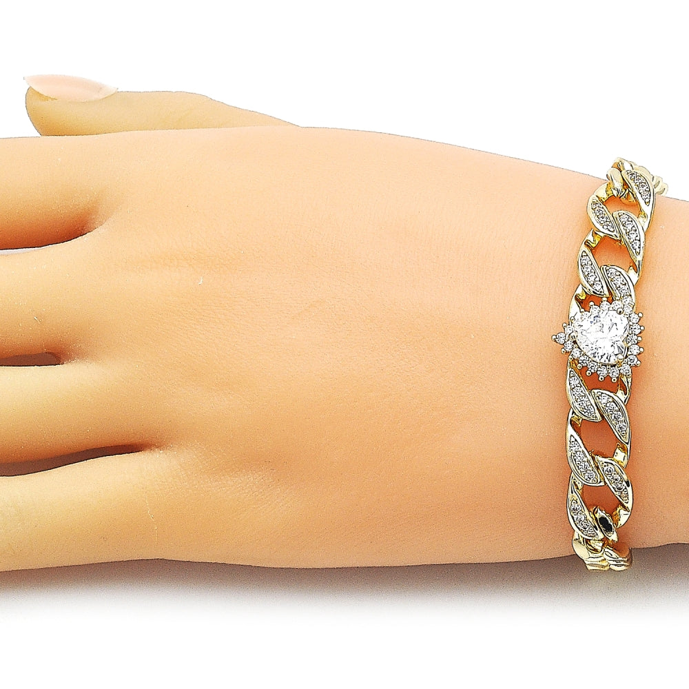 Oro Laminado Fancy Bracelet, Gold Filled Style Heart and Cluster Design, with White Cubic Zirconia and White Micro Pave, Polished, Golden Finish