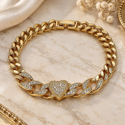 Oro Laminado Fancy Bracelet, Gold Filled Style Heart and Miami Cuban Design, with White Cubic Zirconia and White Micro Pave, Polished, Golden Finish