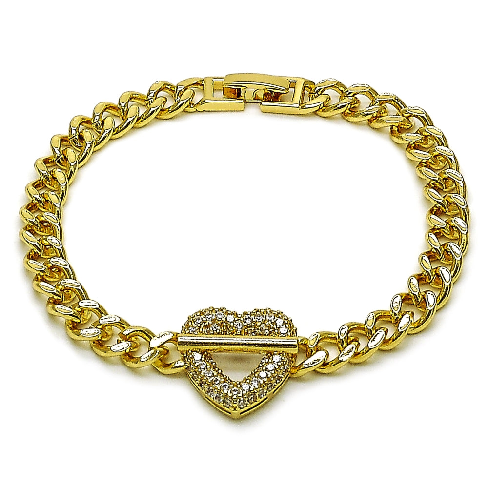 Oro Laminado Fancy Bracelet, Gold Filled Style Heart and Miami Cuban Design, with White Micro Pave, Polished, Golden Finish