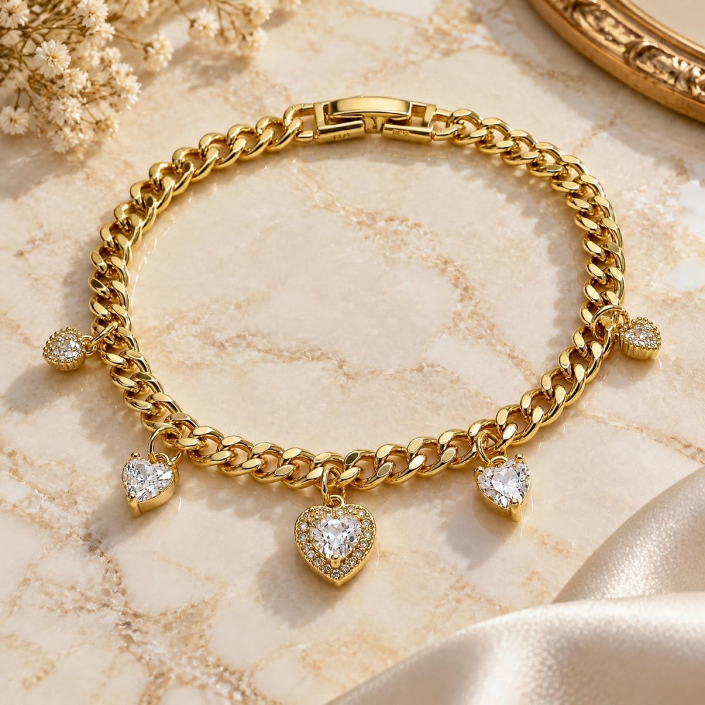 Oro Laminado Charm Bracelet, Gold Filled Style Heart and Miami Cuban Design, with White Cubic Zirconia and White Micro Pave, Polished, Golden Finish