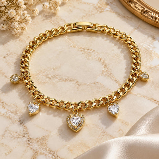 Oro Laminado Charm Bracelet, Gold Filled Style Heart and Miami Cuban Design, with White Cubic Zirconia and White Micro Pave, Polished, Golden Finish