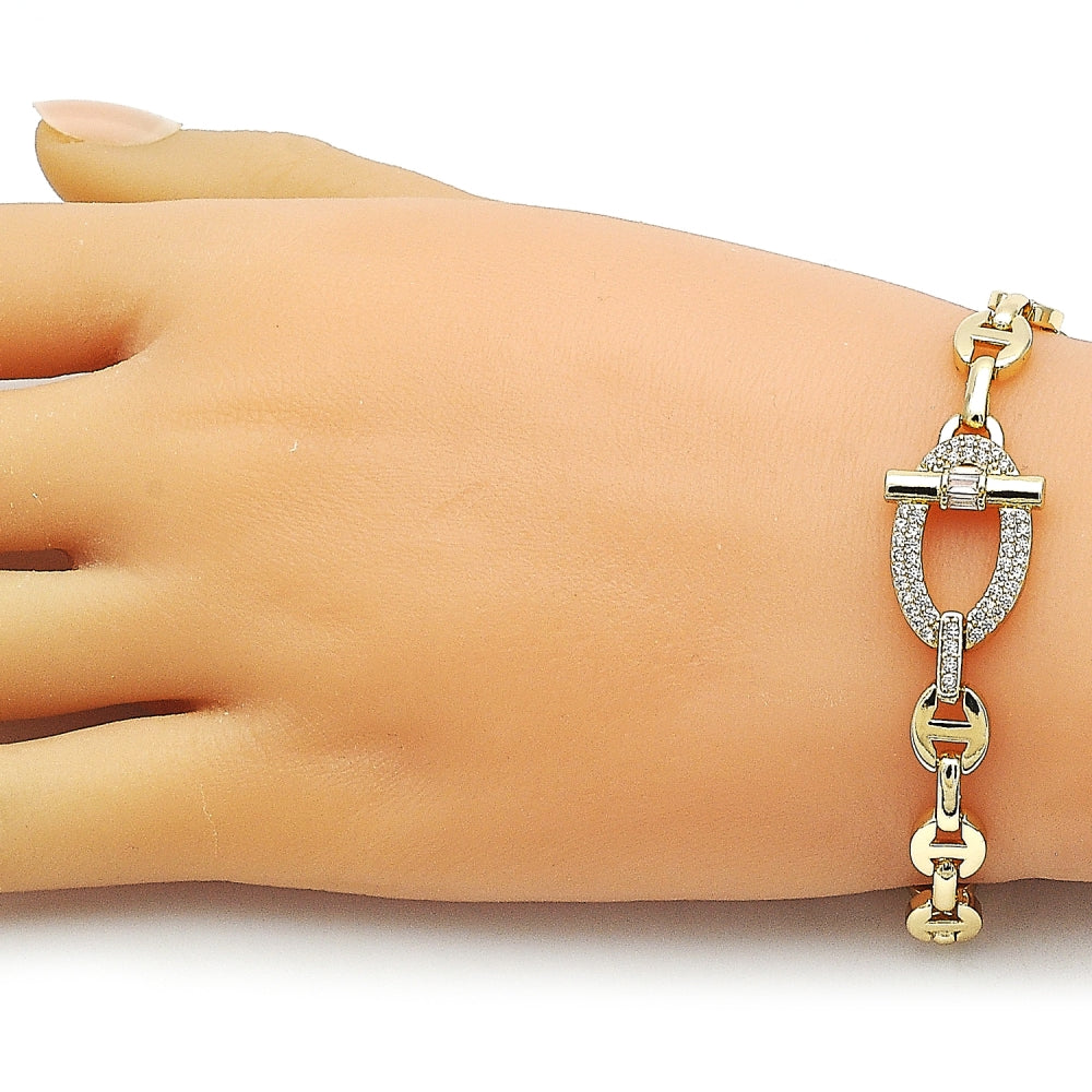 Oro Laminado Fancy Bracelet, Gold Filled Style Mariner and Puff Mariner Design, with White Micro Pave, Polished, Golden Finish