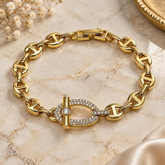 Oro Laminado Fancy Bracelet, Gold Filled Style Mariner and Puff Mariner Design, with White Micro Pave, Polished, Golden Finish