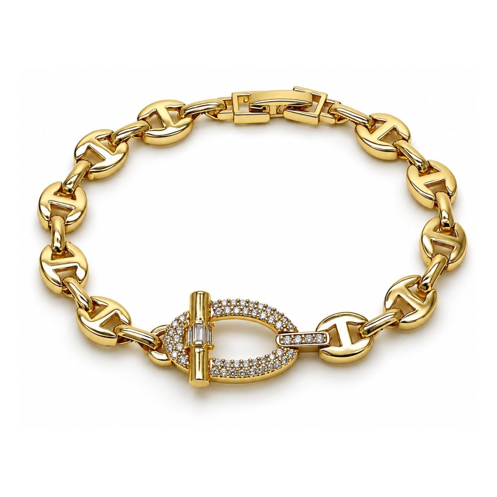 Oro Laminado Fancy Bracelet, Gold Filled Style Mariner and Puff Mariner Design, with White Micro Pave, Polished, Golden Finish