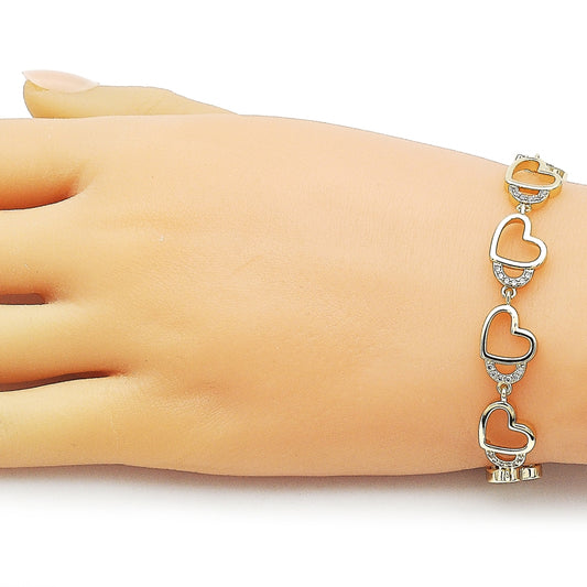 Oro Laminado Tennis Bracelet, Gold Filled Style Heart Design, with White Cubic Zirconia, Polished, Golden Finish