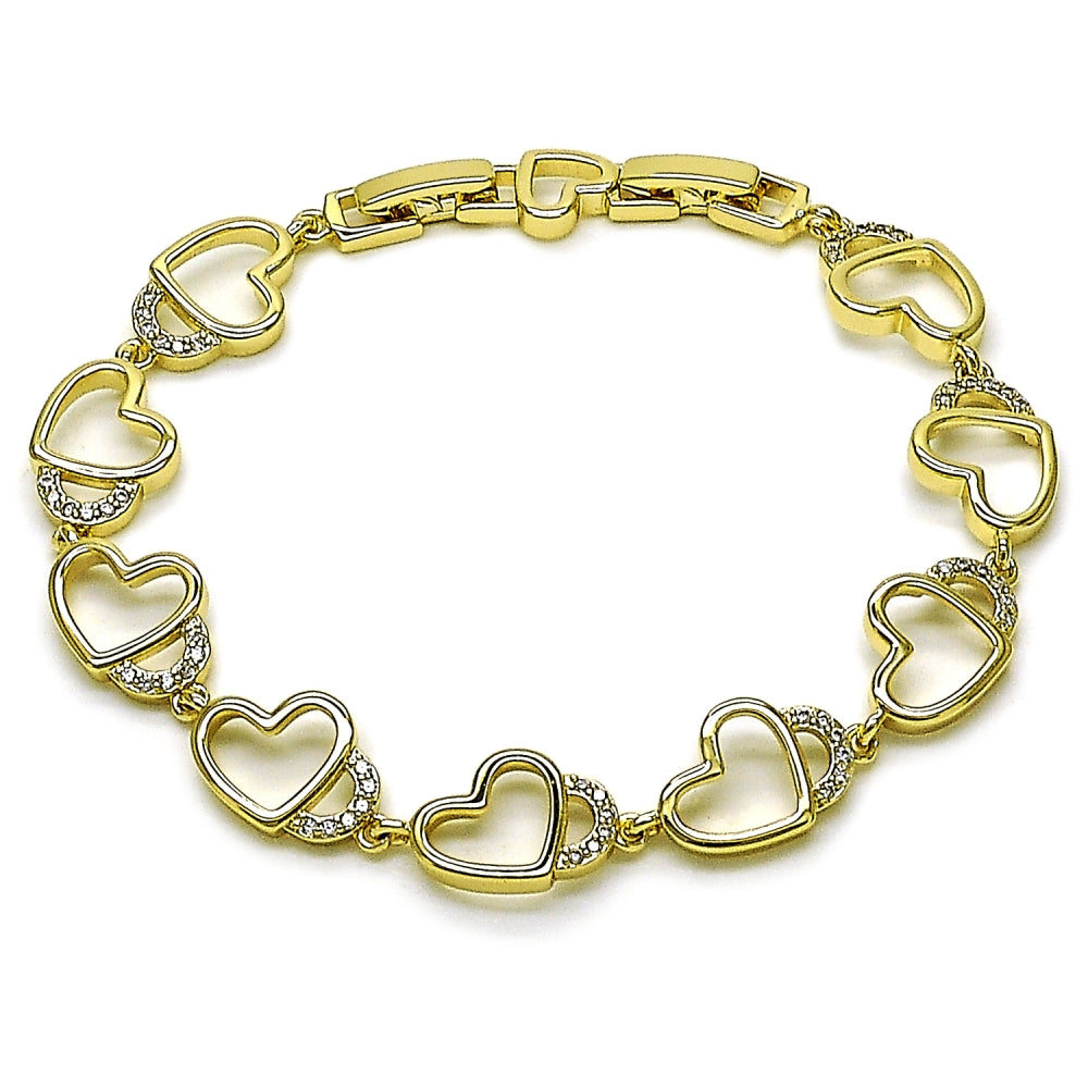 Oro Laminado Tennis Bracelet, Gold Filled Style Heart Design, with White Cubic Zirconia, Polished, Golden Finish