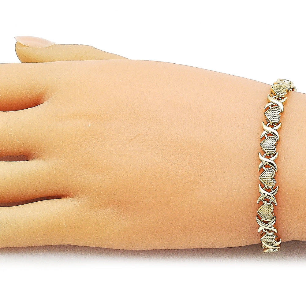 Oro Laminado Tennis Bracelet, Gold Filled Style Hugs and Kisses Design, Matte Finish, Golden Finish