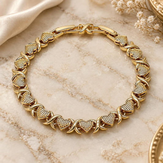Oro Laminado Tennis Bracelet, Gold Filled Style Hugs and Kisses Design, Matte Finish, Golden Finish