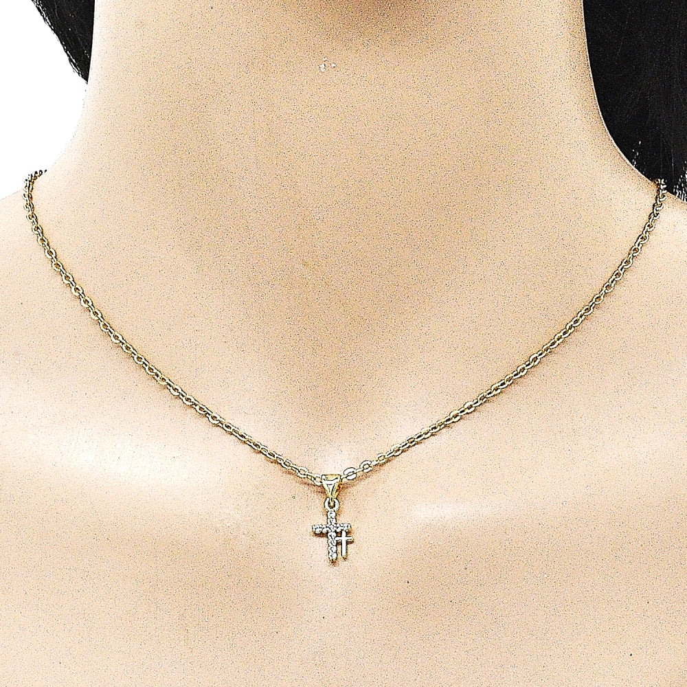Oro Laminado Religious Pendant, Gold Filled Style Cross Design, with White Cubic Zirconia, Polished, Golden Finish